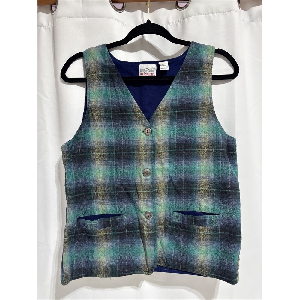 Vintage 90s Vest Women's Medium Denim Republic Blue Plaid 100% Cotton Y2K Boho‎